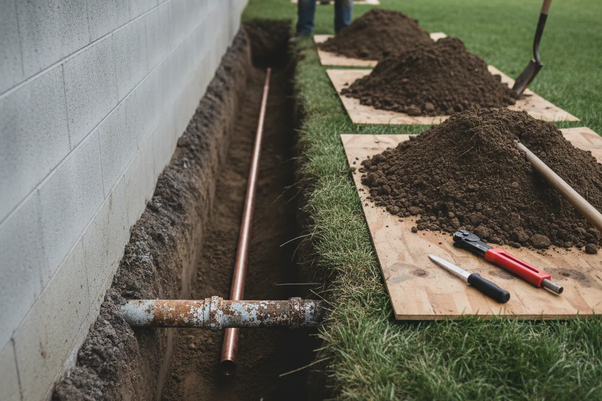 Excavated water line trench during Water Heater Repair in Buckner